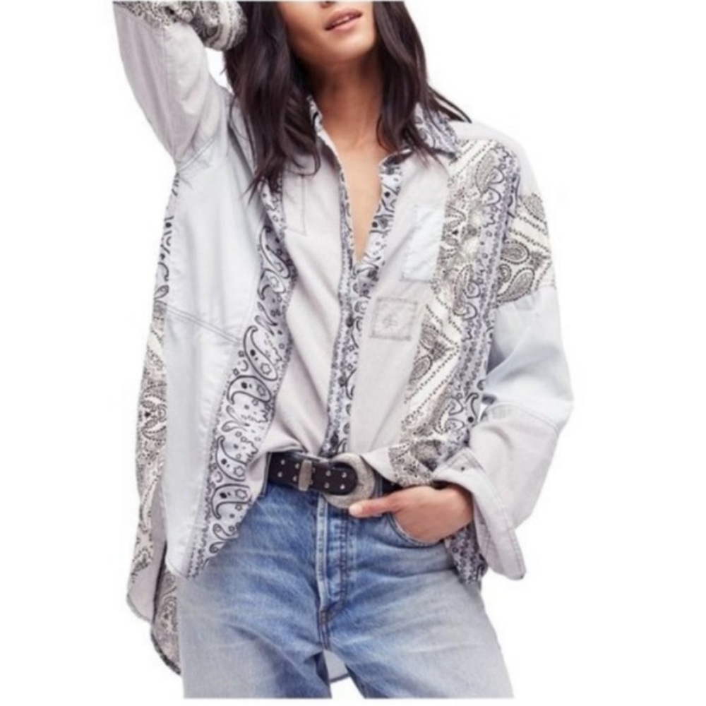 Free People Paisley Patchwork Oversized Button Up Shirt, Blue & White Floral Top